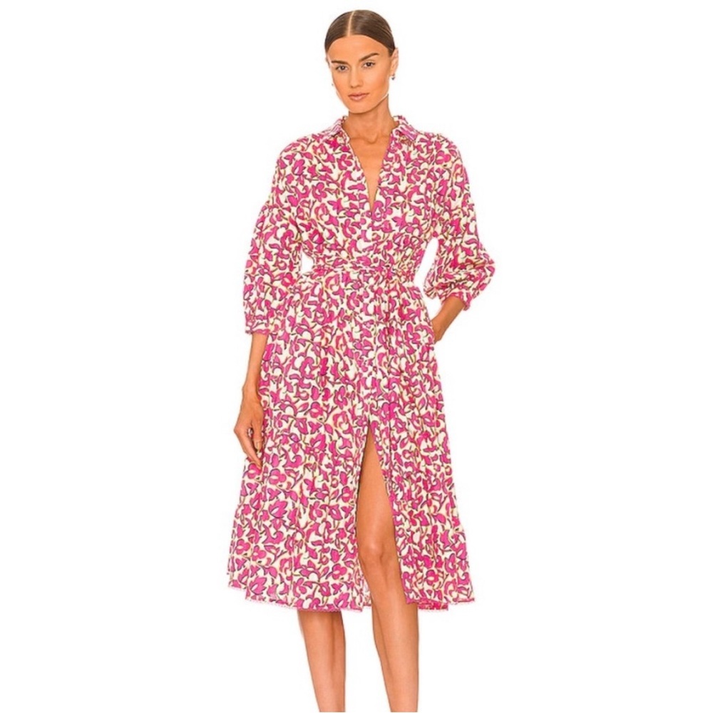 DIANE VON FURSTENBERG Luna Pink Green Floral  Tiered Midi Shirt Dress DVF